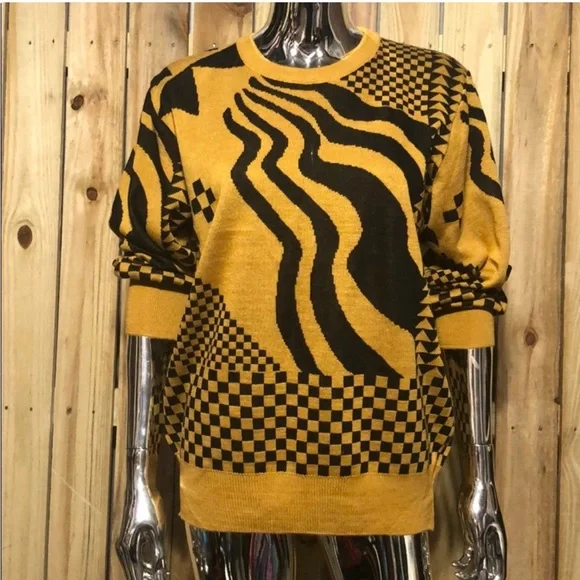 Vintage Mustard and Black Checkered Wavy Pattern Sweater - Picture 2 of 3